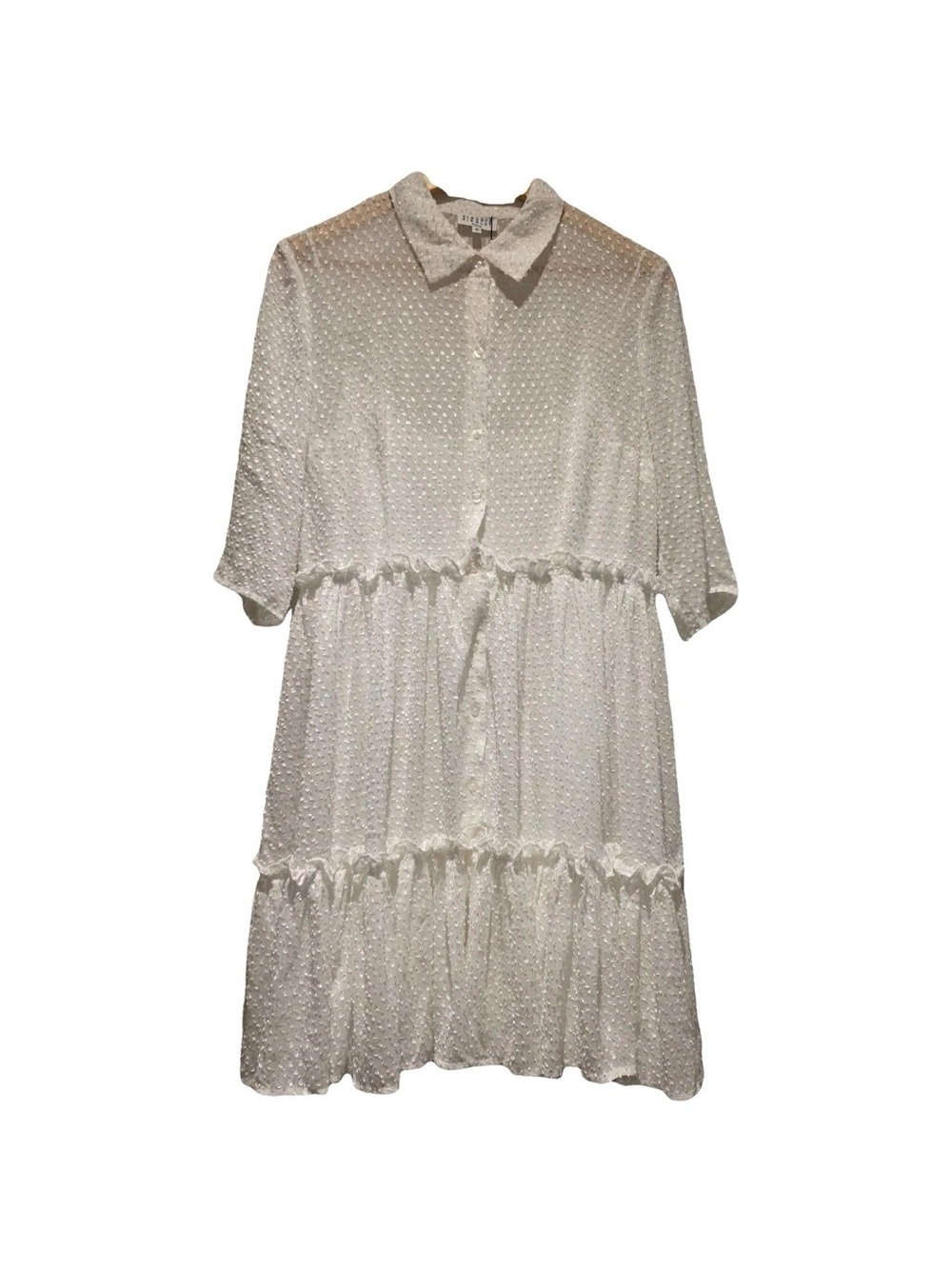 Claudie Pierlot White Swiss Dot Tiered Ruffle Mini Shirt Dress Collared Sz 6 / 8